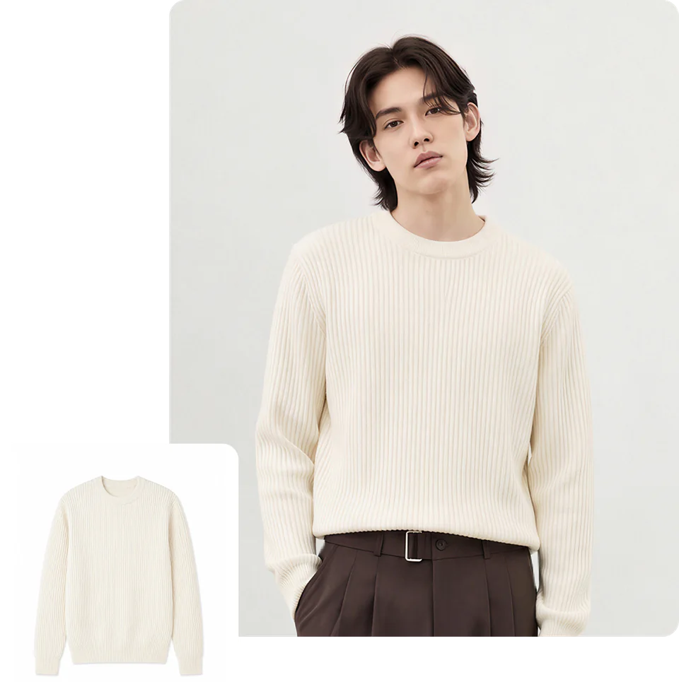 A knit sweater product image alongside a model wearing it